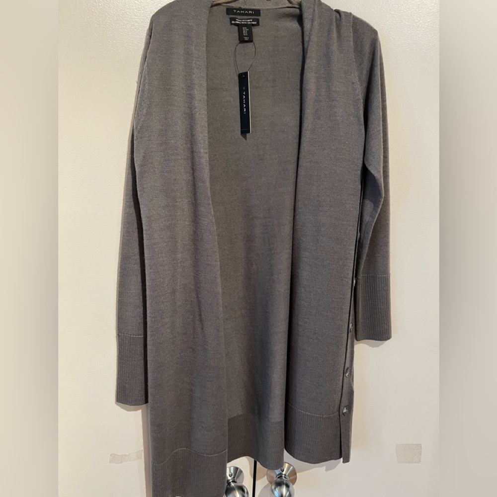 Tahari Gray Open Front Long Cardigan